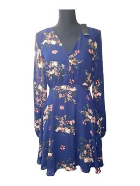 NWT lulus floral V-Neck Long Sleeve Dress sheer arms tie back